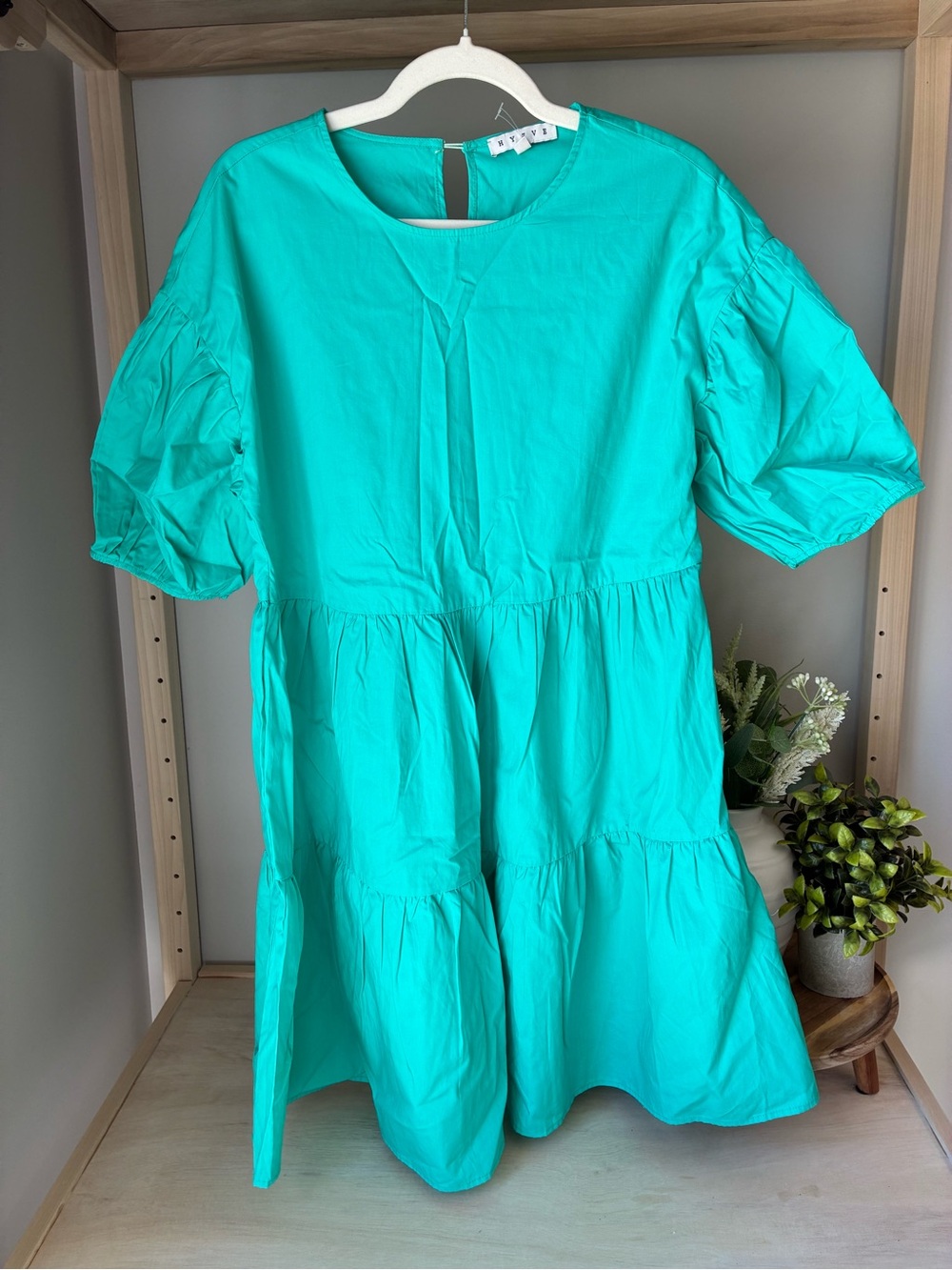 HYFVE Green 100% Cotton Tiered Puff Short Sleeve A-Line Dress Size
M